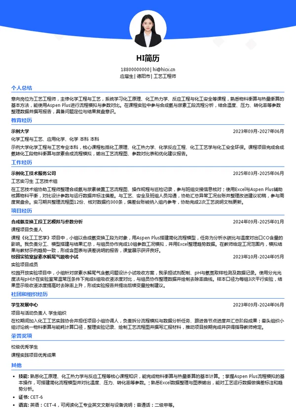 四川美丰工艺工程师投递简历模板