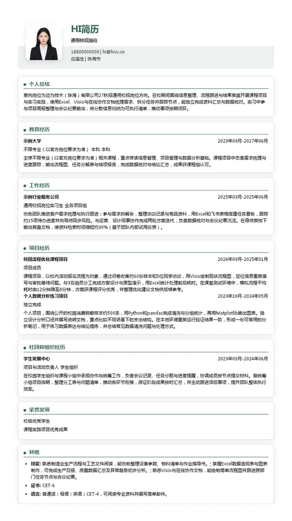迈为技术（珠海）有限公司通用校招岗位投递简历模板