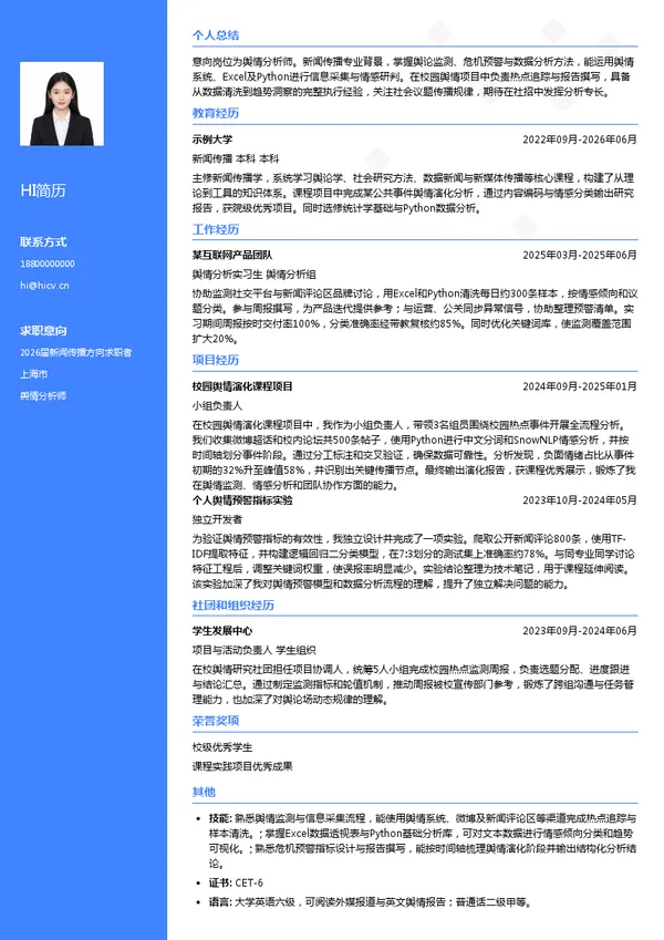 舆情分析师简历模板