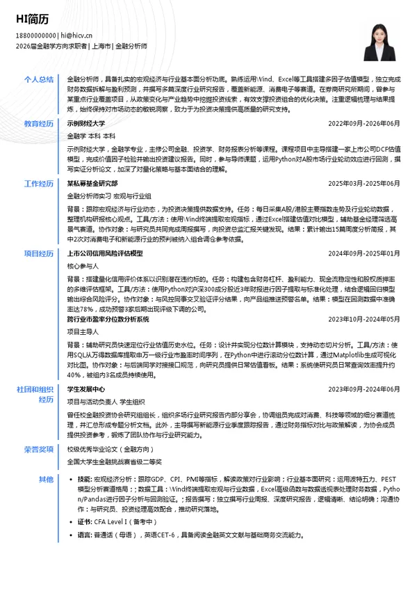 社招金融分析师简历模板