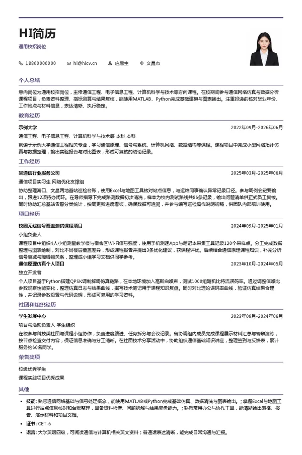 中国联合网络通信有限公司海南省分公司通用校招岗位投递简历模板