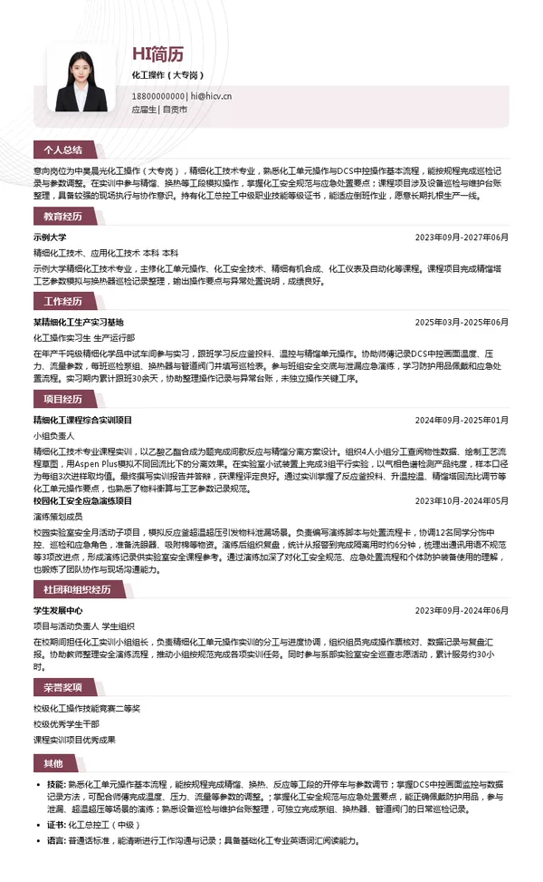 中昊晨光化工研究院有限公司化工操作（大专岗）投递简历模板