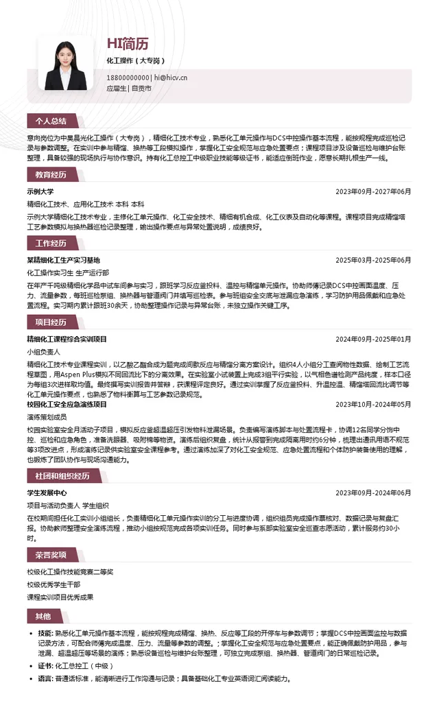 中昊晨光化工研究院有限公司化工操作（大专岗）投递简历模板