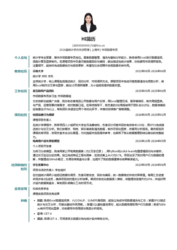 市场数据专员简历模板