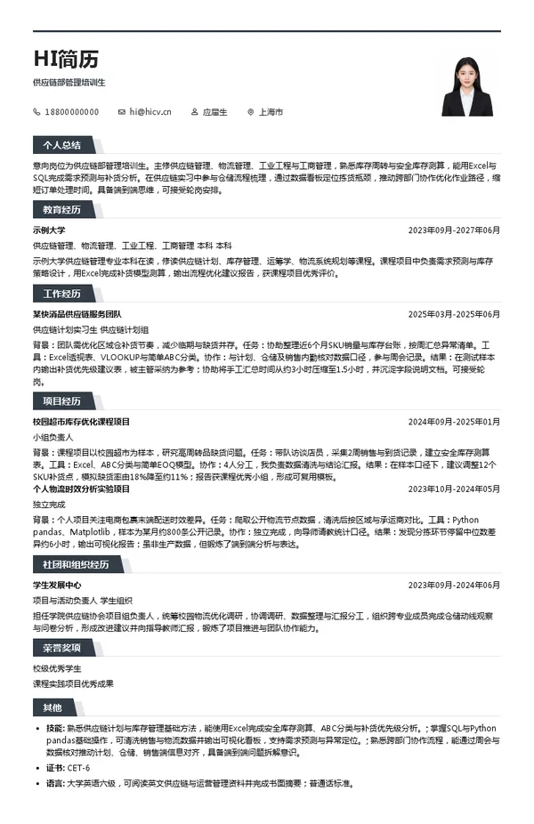亿滋供应链部管理培训生投递简历模板