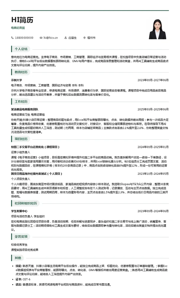 福建植护网络科技有限公司电商运营岗投递简历模板