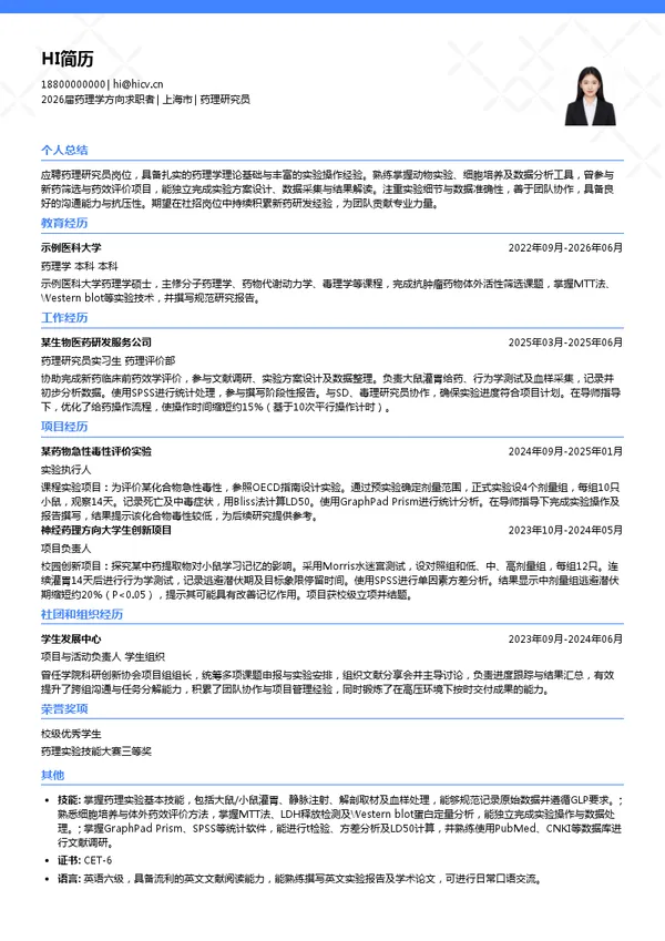 药理研究员简历模板