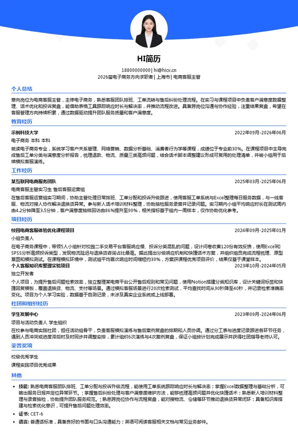 电商客服主管简历模板