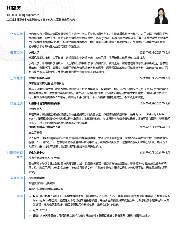 中国旅游集团专业类岗位（数字化与人工智能应用方向）投递简历模板