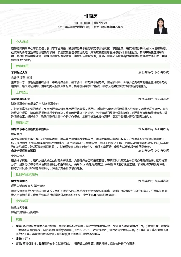 财务共享中心专员简历模板