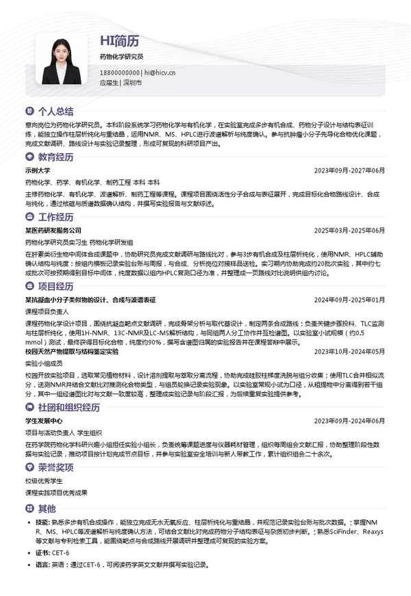 深圳市海普瑞药业集团股份有限公司药物化学研究员投递简历模板