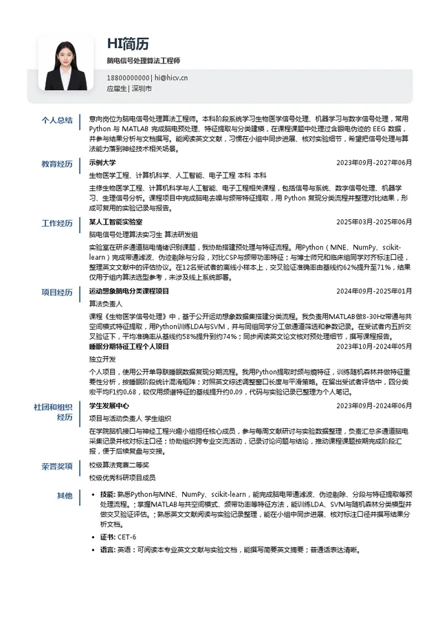 鲲为科技脑电信号处理算法工程师投递简历模板