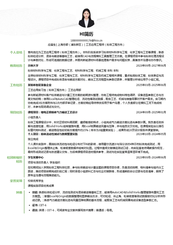 琥崧科技集团股份有限公司工艺应用工程师（粉体工程方向）投递简历模板