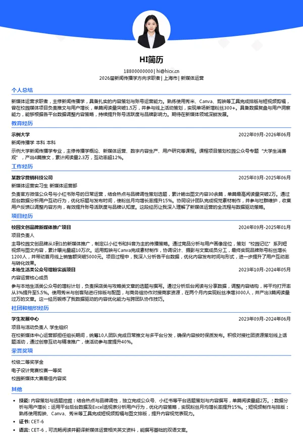 社招新媒体运营简历模板