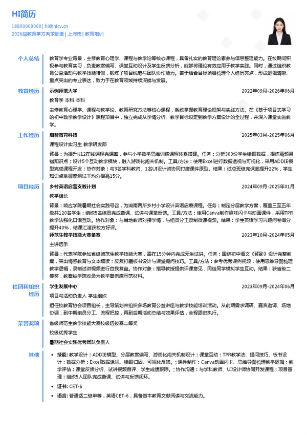 四大教育培训简历模板