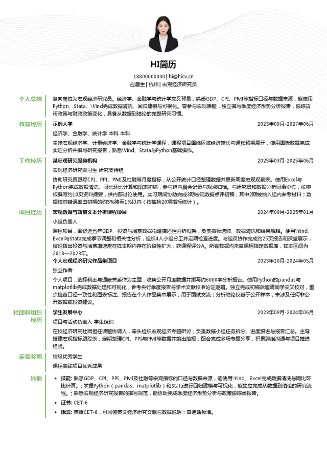 杭州润洲私募基金管理有限公司宏观经济研究员投递简历模板