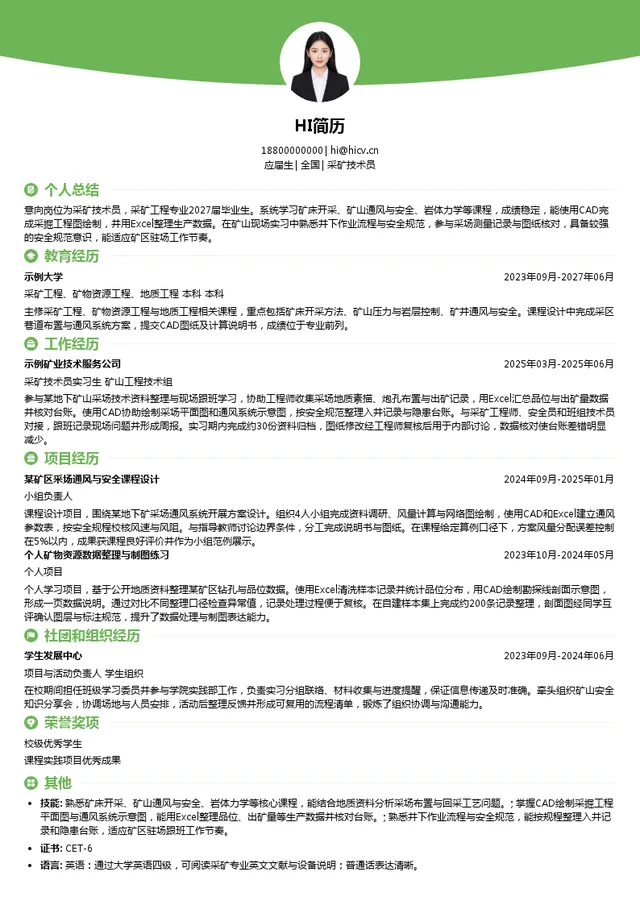 山金国际采矿技术员投递简历模板