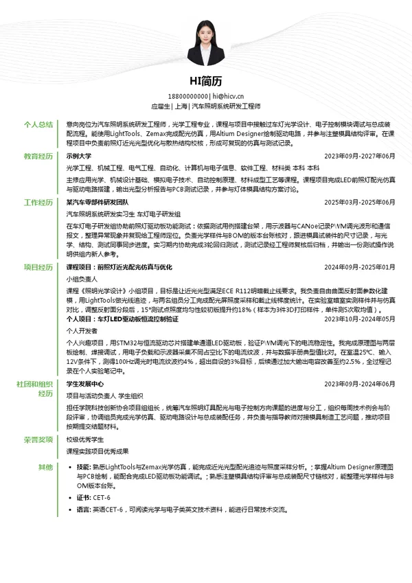 华域视觉汽车照明系统研发工程师投递简历模板