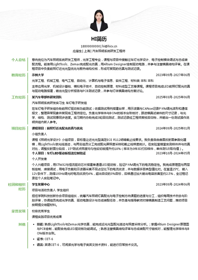 华域视觉汽车照明系统研发工程师投递简历模板