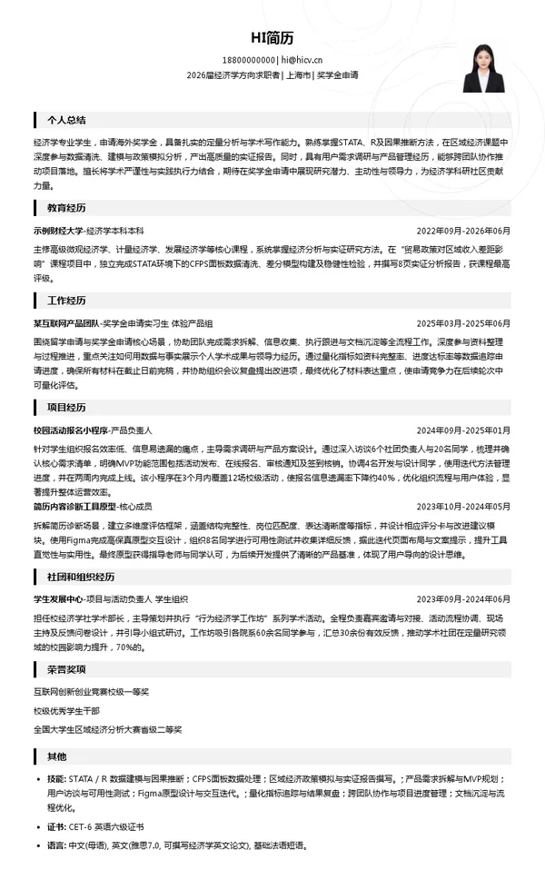 留学奖学金申请简历模板