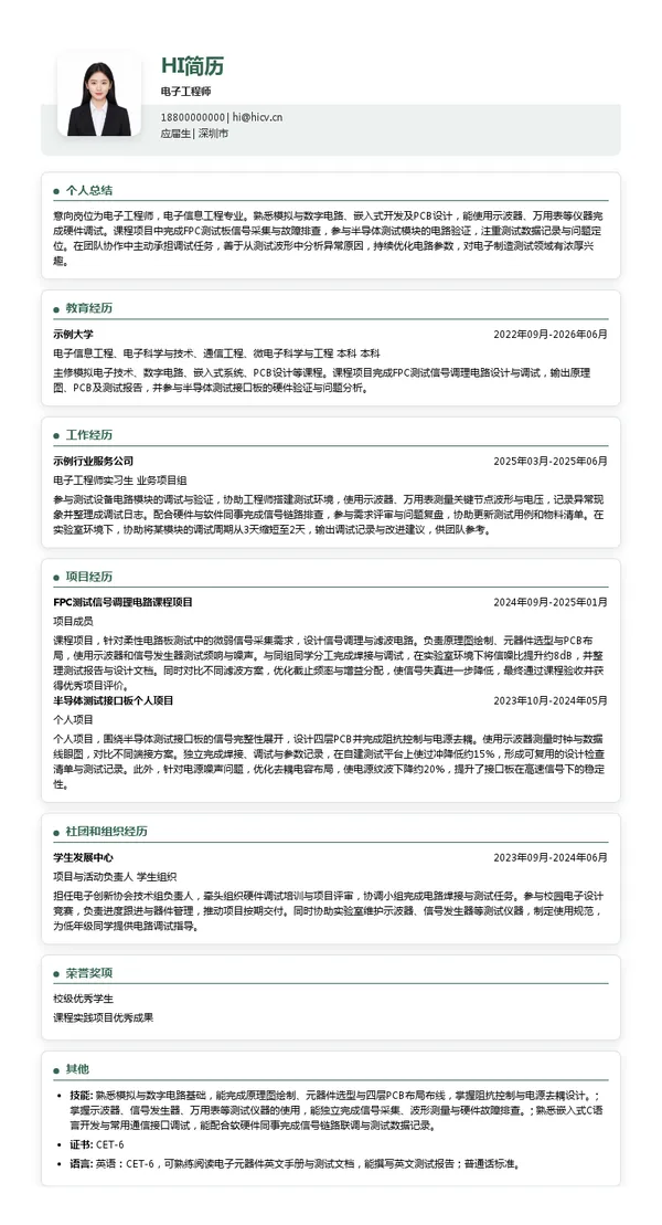 深圳市燕麦科技股份有限公司电子工程师投递简历模板