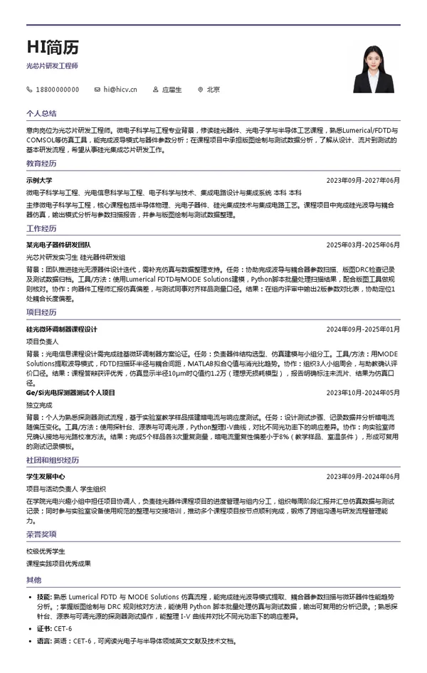 SiFotonics光芯片研发工程师投递简历模板