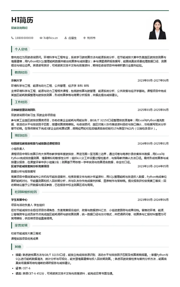 杭州喆杭科技有限公司双碳咨询顾问投递简历模板