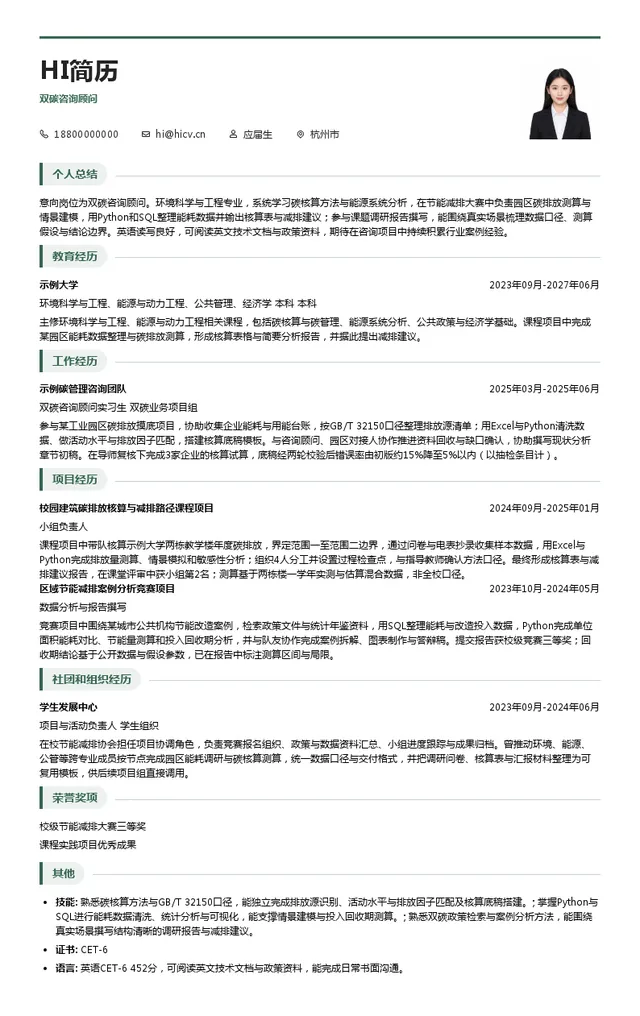 杭州喆杭科技有限公司双碳咨询顾问投递简历模板