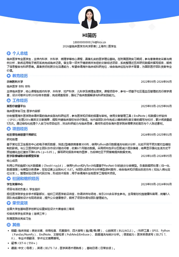 留学医学生简历模板