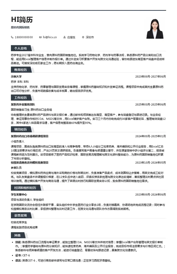 深圳市远邦医药有限公司原料药国际销售投递简历模板