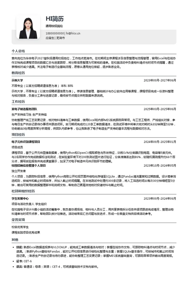 华丰电子通用校招岗位投递简历模板