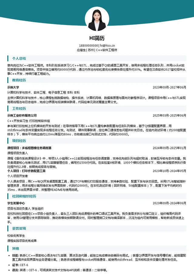 汉森软件C++软件工程师投递简历模板