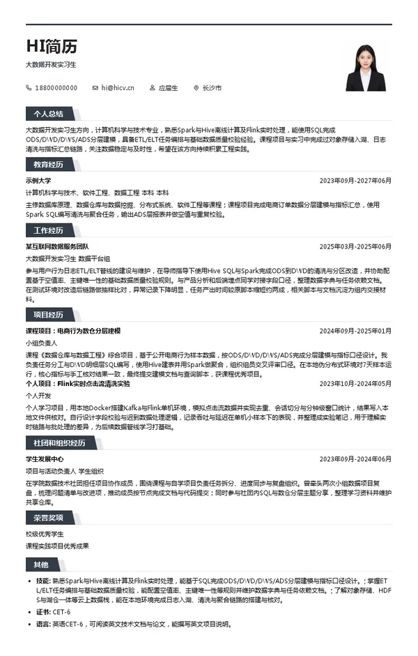 万兴科技集团股份有限公司大数据开发实习生投递简历模板