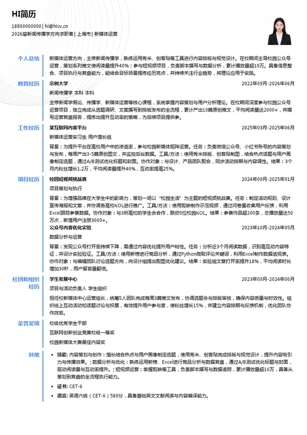 保研新媒体运营简历模板
