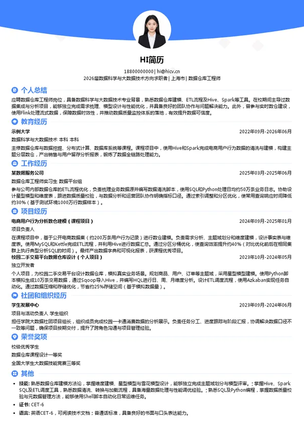 社招数据仓库工程师简历模板
