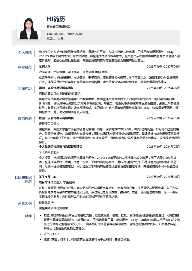 多抓鱼时尚品类商品运营投递简历模板