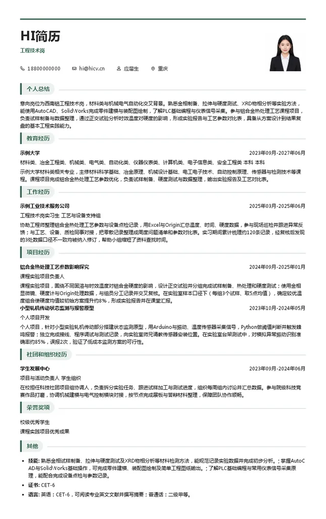 西南铝工程技术岗投递简历模板