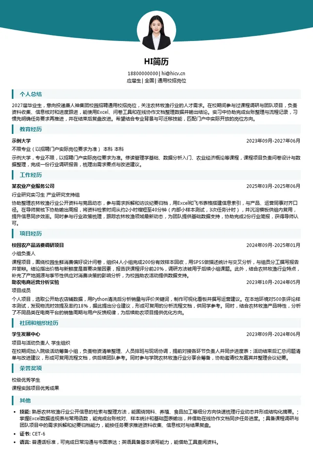 唐人神集团股份有限公司通用校招岗位投递简历模板