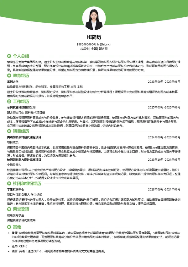 海大集团配方师投递简历模板