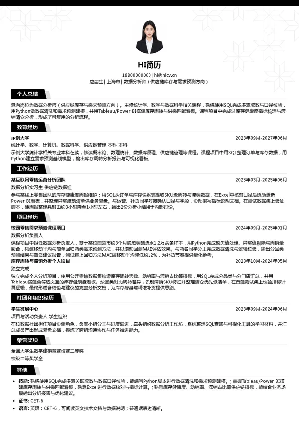 好想来数据分析师(供应链库存与需求预测方向)投递简历模板