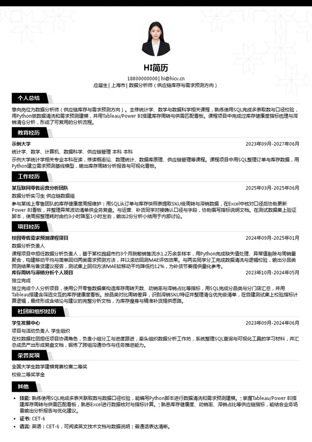好想来数据分析师（供应链库存与需求预测方向）投递简历模板