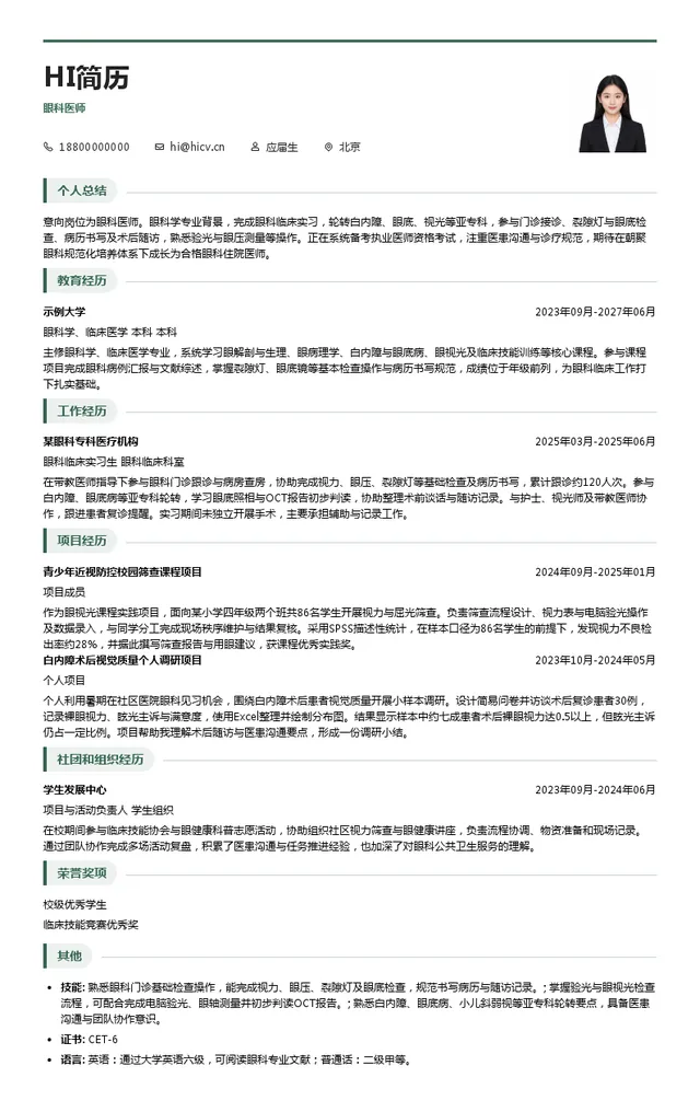 朝聚眼科眼科医师投递简历模板