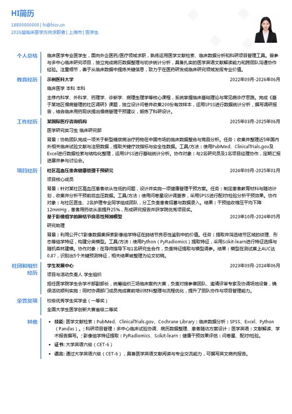 英文医学生简历模板