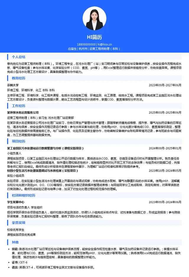 浙江润物环境技术有限公司运营工程师助理（本科）投递简历模板