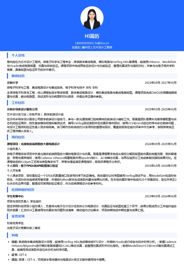 宁波元芯光电子芯片设计工程师投递简历模板