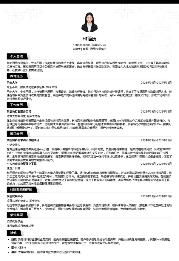 大北农猪饲料集团通用校招岗位投递简历模板