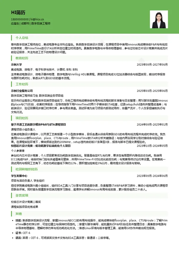 赛昂芯科技数字后端工程师投递简历模板
