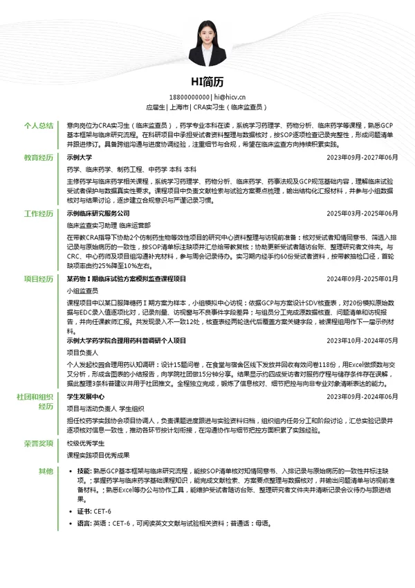 夸克医药CRA实习生(临床监查员)投递简历模板