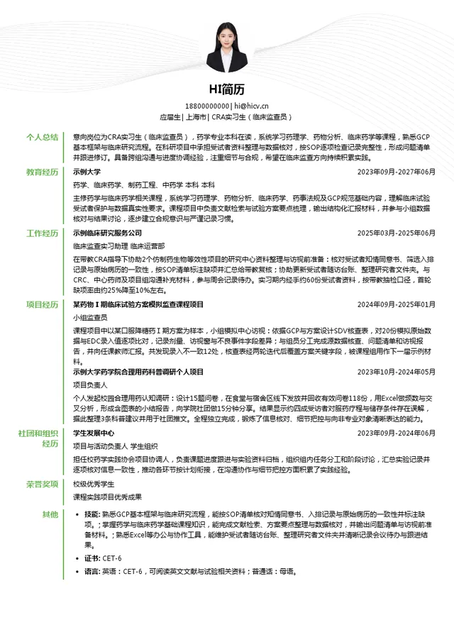 夸克医药CRA实习生（临床监查员）投递简历模板