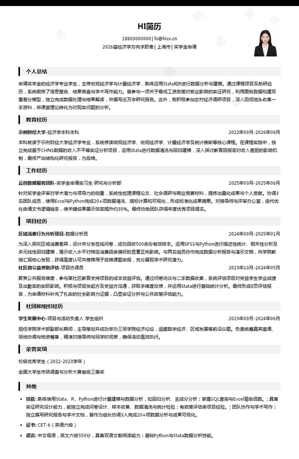 英文奖学金申请简历模板